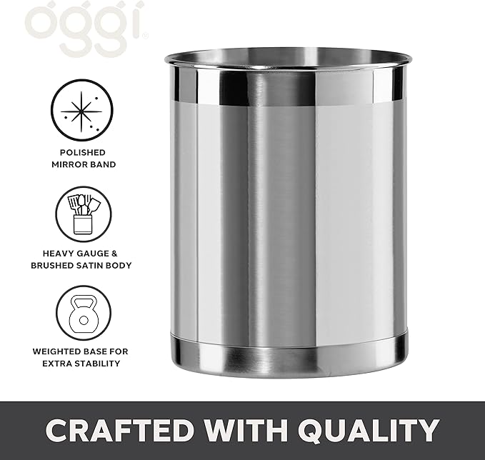 Oggi Stainless Steel Utensil Holder - 5" Diameter, Utensil Caddy, Weighted Base for Stability - Larger-Sized Utensil Crock and Countertop Utensil Organizer, Stainless Steel
