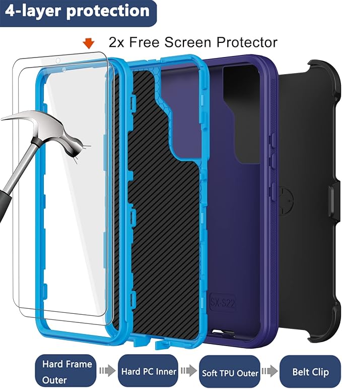 for Samsung Galaxy S22 Plus Case with Belt Clip Holster 2X Screen Protector [Military Grade Protection] Heavy Duty Full Body Shockproof Rugged Protective Cover for Samsung S22 Plus 5G Black