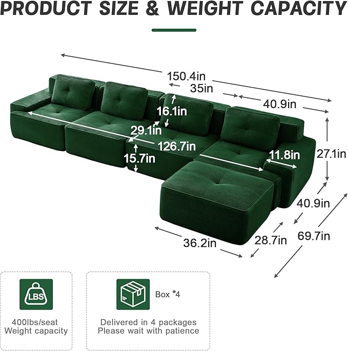 150" Modern Corduroy Cloud Sofa with Ottoman, L Shaped Boneless Modular Large Sectional Couches for Living Room, Green 4 Seater Compressed Memory Foam Couch, Extra Deep Seat, No Assembly