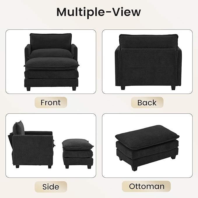 ROWHY Convertible Sectional Couch with Ottoman, Single Armchair with armrests, Modern Living Room Furniture Set, Small Couches for Small Spaces, for Living Room, Chenille, Black