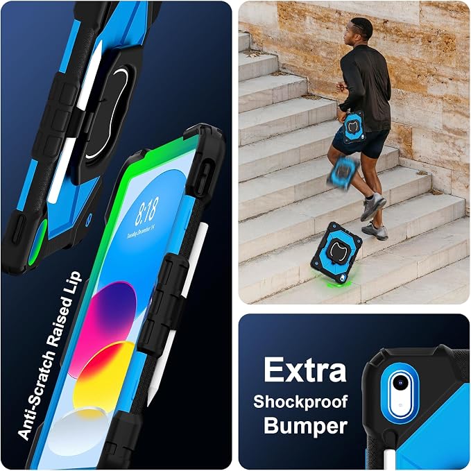 Case for iPad (A16) 11th/10th Gen 11''/10.9'' 2025/2022 with 360° Rotating Stand Screen Protector Shoulder Strap &amp Pencil Holder﻿ (Black-Blue)