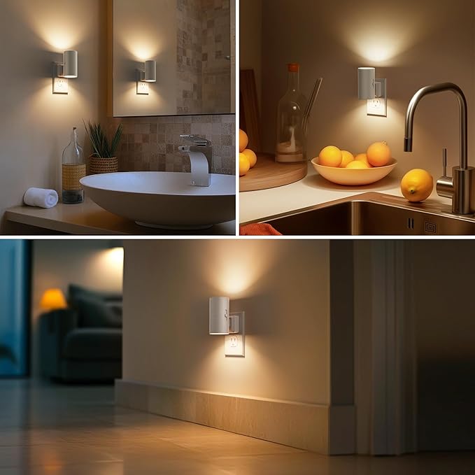 Briignite Night Lights Plug into Wall, Modern LED Night Light Plug in, Dusk to Dawn Sensor, Soft White 3000K, 0-100LM Adjustable Brightness, Dimmable NightLight for Hallway, Bedroom, Stairway, 4 Pack