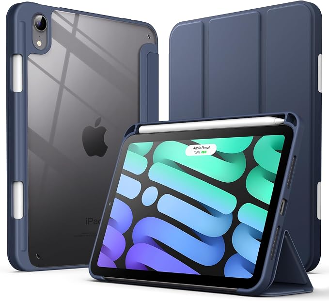 JETech Case Cover for iPad mini A17 Pro/6th Gen (2024/2021) Black | Clear Transparent Back Pencil Holder Slim Shockproof Protection Tri-Fold Stand Auto Wake/Sleep