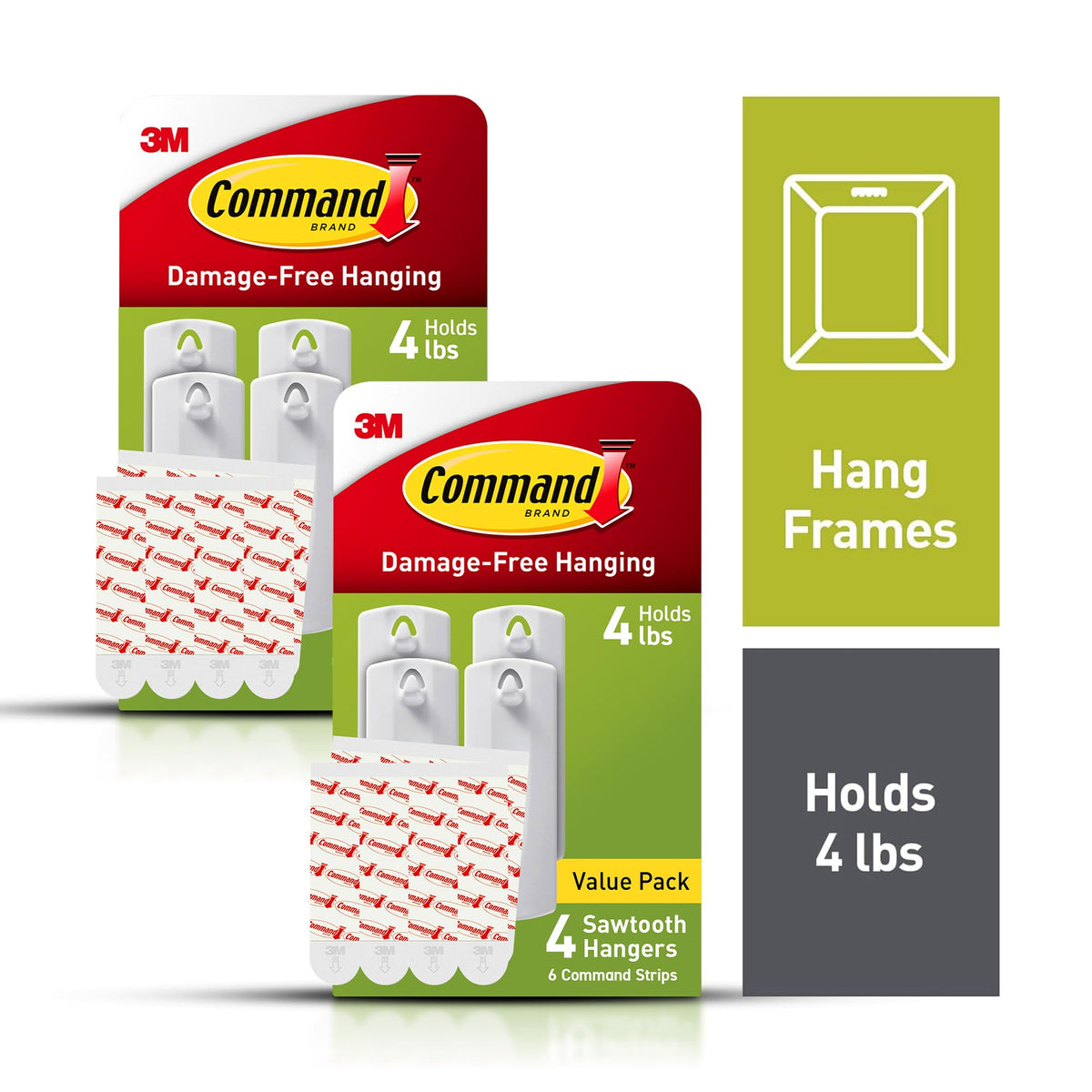Command Sawtooth Picture Hangers, Damage Free Hanging Frame Hangers, No Tools Wall Hooks for Hanging Sawtooth Frames in Living Spaces, 8 White Picture Frame Hangers and 16 Command Strips