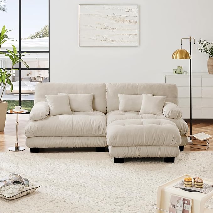 94.4" Loveseat Sofa, 2 Seater Modular Sectional Sofa, Beige Large L Shaped Sectional Fluffy Couch, Chenille Cloud Couch with Ottoman, Deep Seat Sofas for Living Room