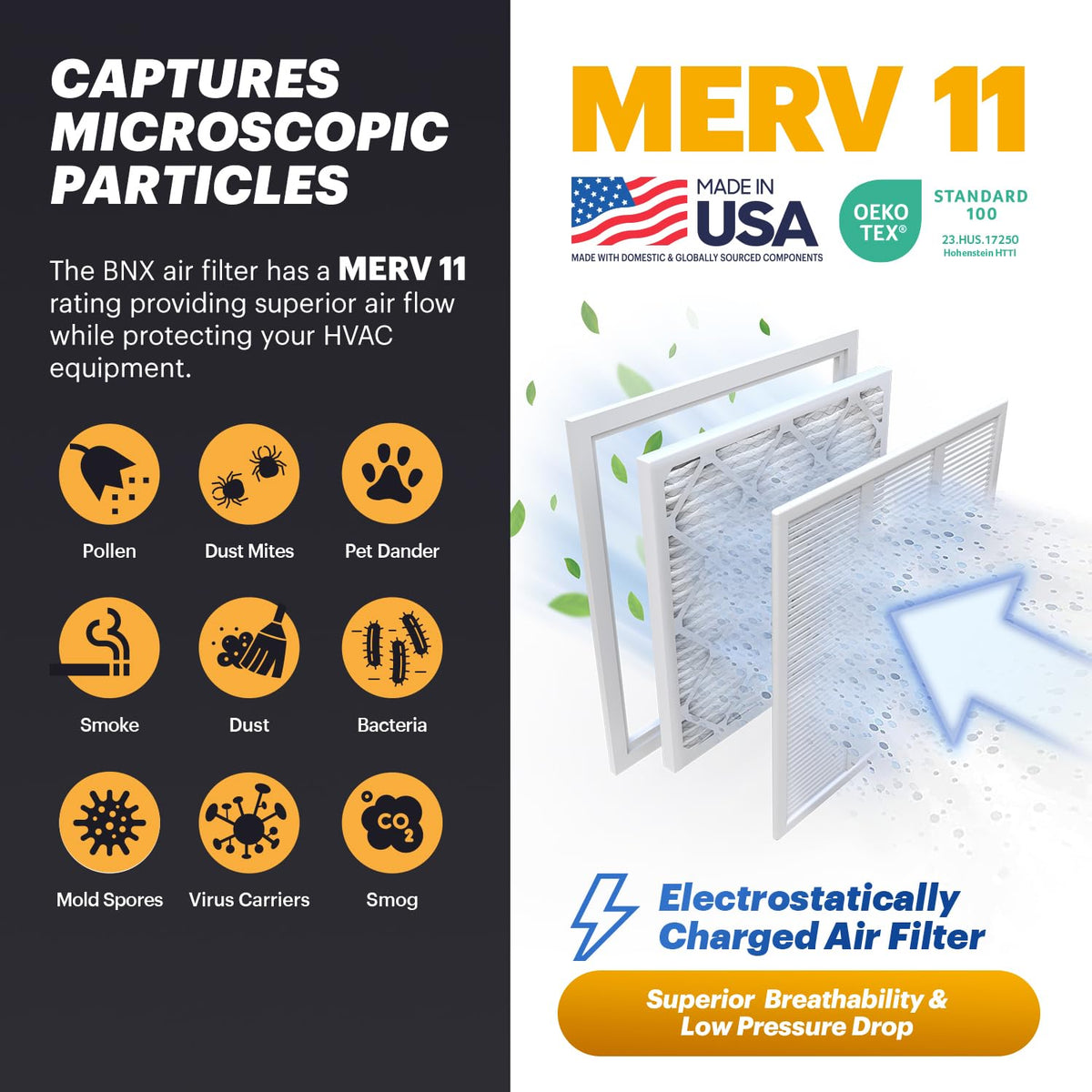 BNX TruFilter 14x14x1 Air Filter MERV 11 (6-Pack) - MADE IN USA - Allergen Defense Electrostatic Pleated Air Conditioner HVAC AC Furnace Filters for Allergies, Dust, Pet, Smoke, Allergy MPR 1200 FPR 7