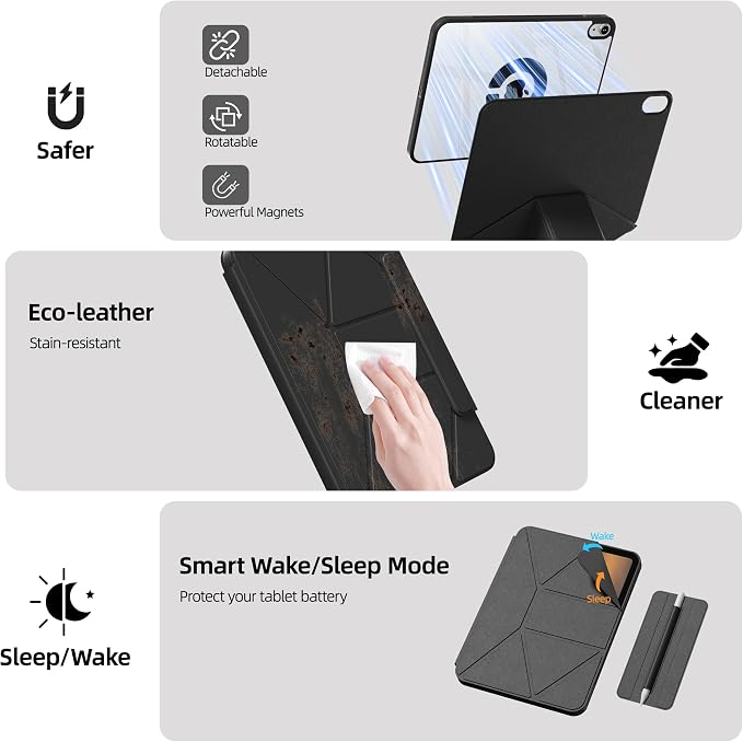kenke Case for iPad Air 11'' M4/M3/M2 Air 10.9'' 5th/4th Gen Black | Detachable Rotating 360° Magnetic Clear Back Multi-folding Stand Cover Pencil Holder Auto Wake/Sleep Touch ID