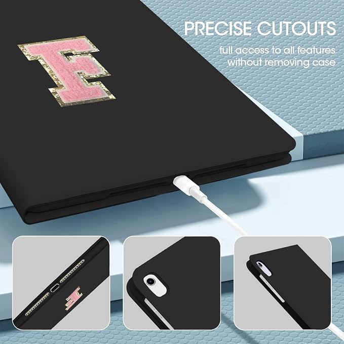 for iPad 9th Generation 10.2 Inch 2021/2020/2019 Case Initial Chenille Letter Suture Personalized for iPad 9th/8th/7th Generation Case with Auto Sleep/Wake Pencil Holder (Black A)
