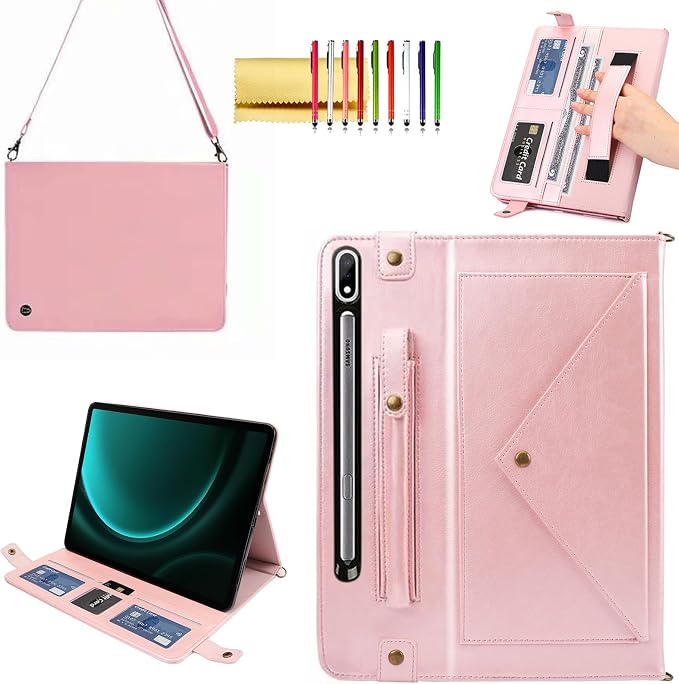 Handbag Case for Samsung Galaxy Tab S10 FE/S9 FE 10.9/S9/S8/S7 11 Techcircle Folio Stand Crossbody Wallet Protective Cover with S Pen Holder &amp Card Slots Hand Strap &amp Shoulder Strap Black