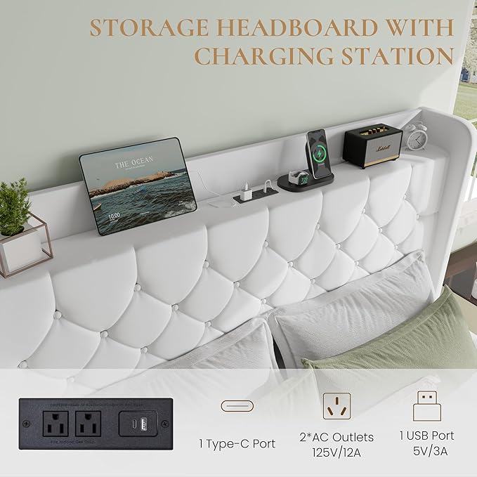 SHA CERLIN Queen Size Platform Bed Frame with Charging Station, Velvet Wingback Headboard with Storage Shelf, Wooden Slats Support, Ample Under-Bed Space, No Box Spring Needed, Easy Assembly, White