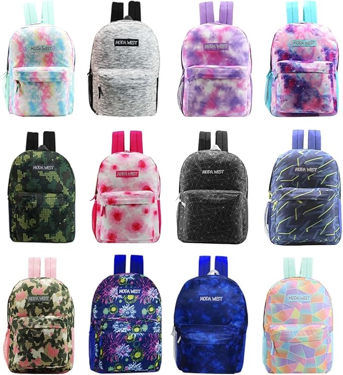 12-Pack 17” Sport Backpacks with 50 Piece School Supplies Kits - Pens, Pencils, Crayons – Bulk Bundle for Elementary, Middle, and High School Students, 12 Assorted Styles