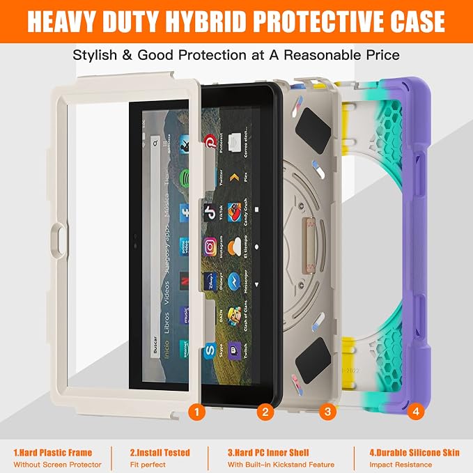 Rugged Case for Amazon-Kindle-Fire-HD-8 &amp 8 Plus Tablet (12th Generation 2022) 8“ w/ 360° Rotating Hands-Free Kickstand Full Body Armor Heavy Duty Shock-Proof Cover w/Hand/Shoulder Strap(Black)