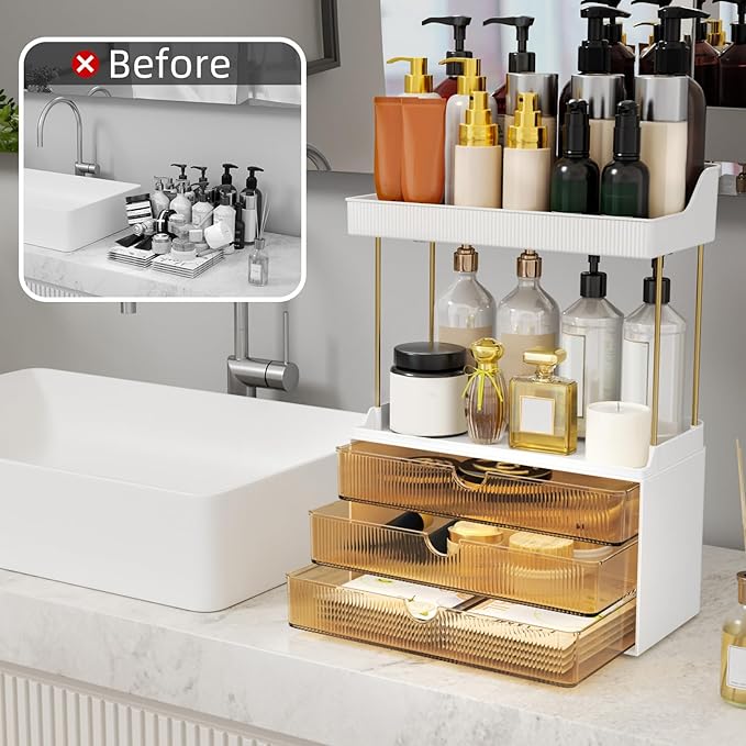 3 Drawers Makeup Organizer - 5 Tier Bathroom Organizers and Storage, Versatile Perfume Vanity Organizer, Ideal for Cosmetic, Large Skincare, Face Mask, Office Supplies, Amber
