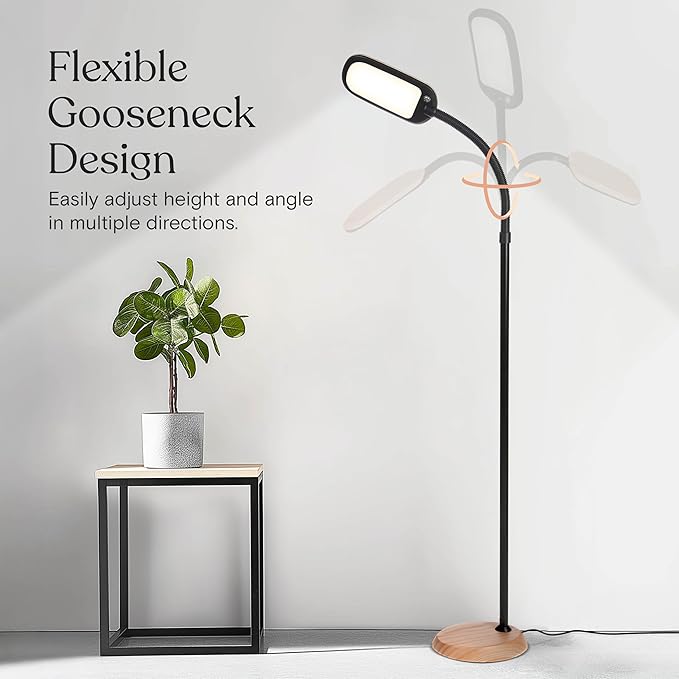 Brightech Litespan Slim LED Floor Lamp - Modern Reading Light Over Chair for Living Rooms & Offices, Tall With Adjustable Gooseneck, Crafts Work Light, Dimmable Standing for Bedroom - Wood