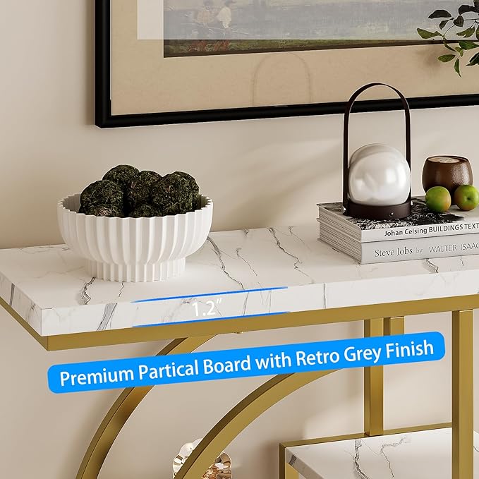 GiftGo Narrow Console Table for Entryway Industrial 4-Tier Sofa Table Behind Couch with Circle Base Rustic Wooden Accent Tables with Storage Shelves for Living Room, Hallway, Foyer (Gold and White)