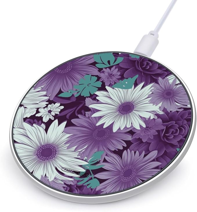 Purple White Floral Wireless Charger Fast Charging Pad | Anti-Slip Qi Certified Wireless Charging Pad for All Phones with Wireless Charging Function for Home Office Travel