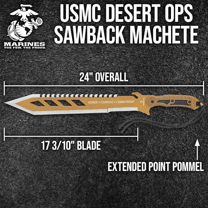 USMC Desert OPS Sawback Machete with Shoulder Strap Sheath - Officially Licensed By United States Marine Corps, Stainless Steel Blade, Non-Reflective Finish, ABS Handle - For Outdoors Job - Length 24"