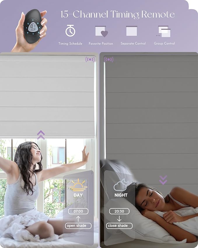 Graywind Smart Roman Shades 100% Blackout Compatible with Alexa Google Rechargeable Motorized Window Blinds Remote Control Room Darkening Plain Fold, Custom Size (Matelasse White)