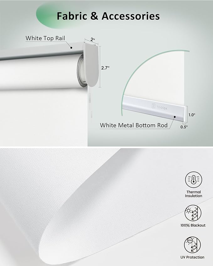 Yoolax Motorized Blinds App Control, Blackout Roller Shades for Windows, Cordless Automatic Shades Roller Window Blinds for Bedroom Living Room Office (Blackout Alpine White, 33" W x 72" H)