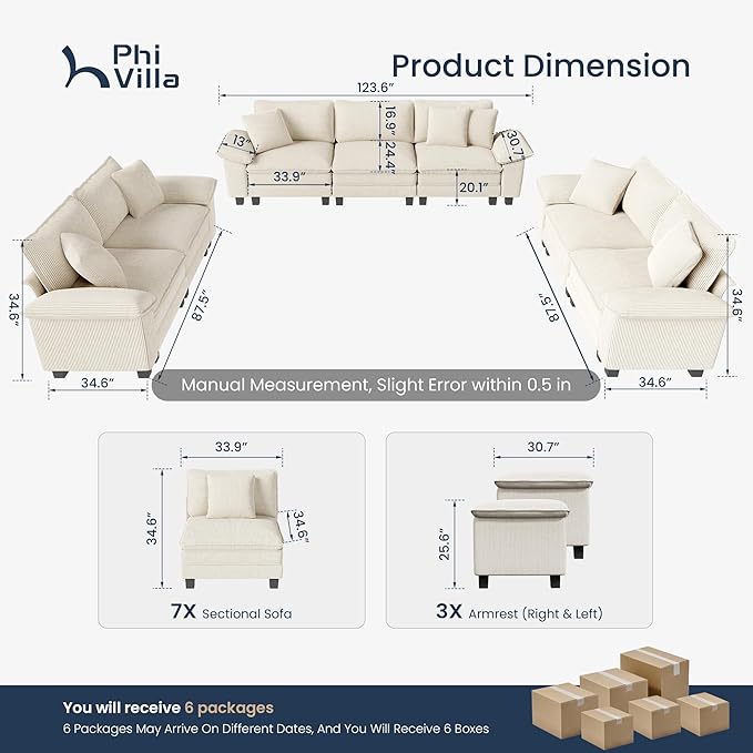 PHI VILLA Cloud Modular Couches Sets, 3 Pieces Large Sectional Sofa Set with Loveseats, 7-Seater Upholstered Couch for Living Room, Corduroy, Beige