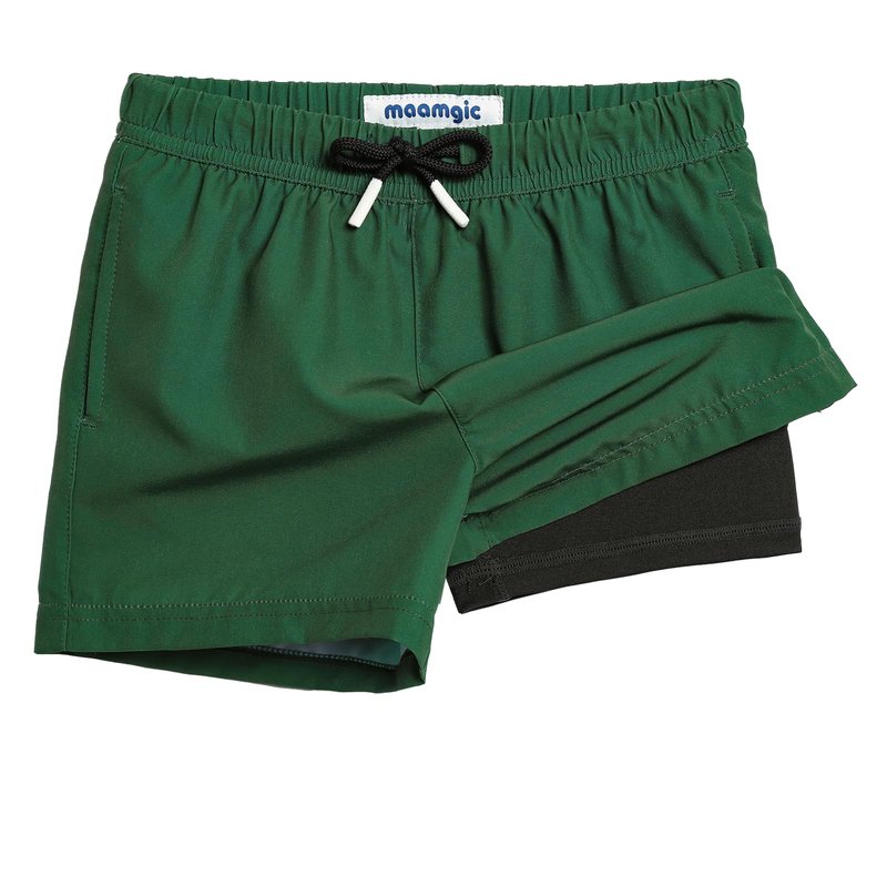 maamgic Boys Swim Trunks with Compression Liner Toddler Stretch Swim Shorts Quick Dry Swimming Trunks Boxer Brief 2 in 1 Beach Shorts Dark Green 3T