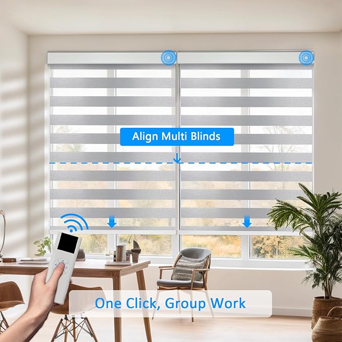 COOLWINDS Motorized Zebra Blinds for Windows Cordless Electric Curtains with Remote Control Blackout Shades Custom Smart Blinds Compatible with Alexa Google Home(Light Filtering Grey,W52 X 72in)