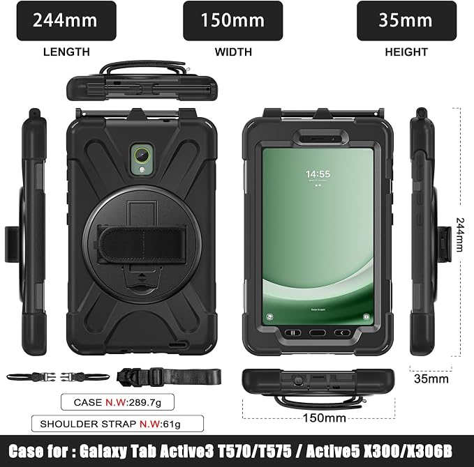 Junfire Case for Samsung Galaxy Tab Active5 8-inch 2024/ Active3 2020 | 360° Rotating Stand Hand Strap Shoulder Strap Pencil Holder Heavy Duty Shockproof Rugged Black T570 X300 Case