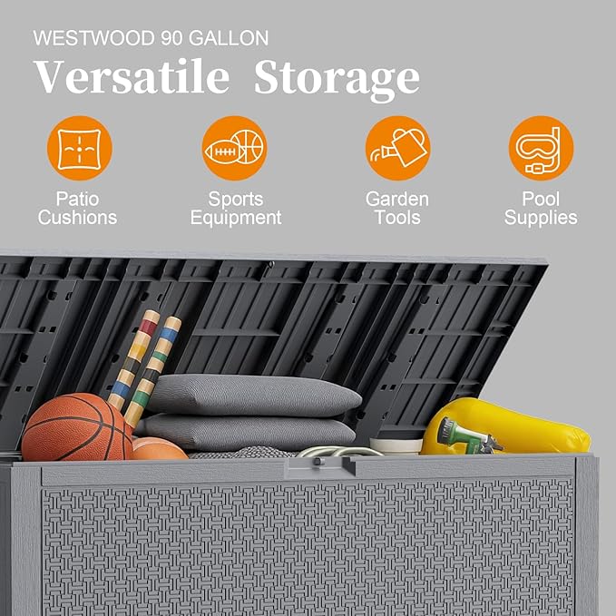 Outdoor Storage Box, 90 Gallon Deck Box, Waterproof Resin Storage Bin for Patio Cushions, Gardening Tools, Lockable, UV Resistant, Grey