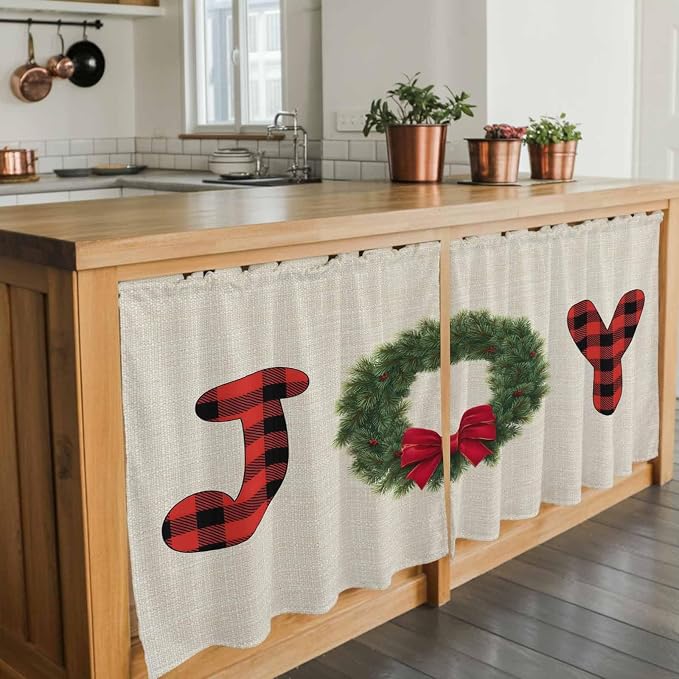 Red Green Christmas Kitchen Tier Curtains 24 Inch Long 2 Panel Set, Rod Pocket