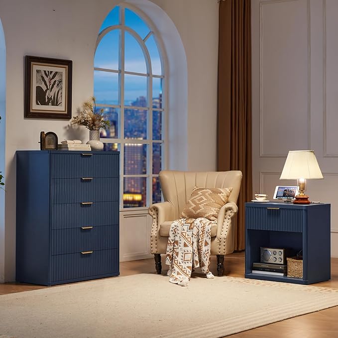 LEYAOYAO Fluted Farmhouse Nightstand Set of 2 with Charging Station, 23" Wide 1 Drawers End Table,Blue Dresser for Bedroom,Bed Side Table Chest of Drawers Cabinet,Wood Night Stand for Living Room