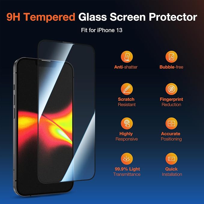 KUZOOM 2Pack Privacy 9H+ Tempered Glass Screen Protector for iPhone 13 | 9H+ Tempered Glass 100% Fingerprint Unlock Automatic Dust Removal Anti-Scratch Protection