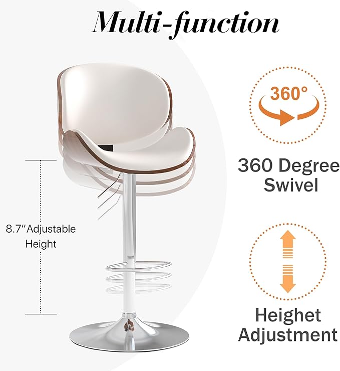 Adjustable Swivel Bar Stools Set of 4, Modern Bentwood Barstool with Large Metal Base and Footrest, PU Leather Upholstered Bar Chair with Curved Back for Kitchen Island Dining Room, White