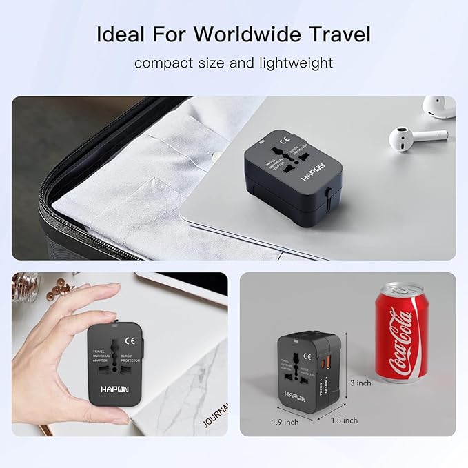 Universal Travel Adapter - 1 USB-C & 1 USB-A Fast Charging Travel Charger, Worldwide Plug Adapter for EU UK USA AU, Black