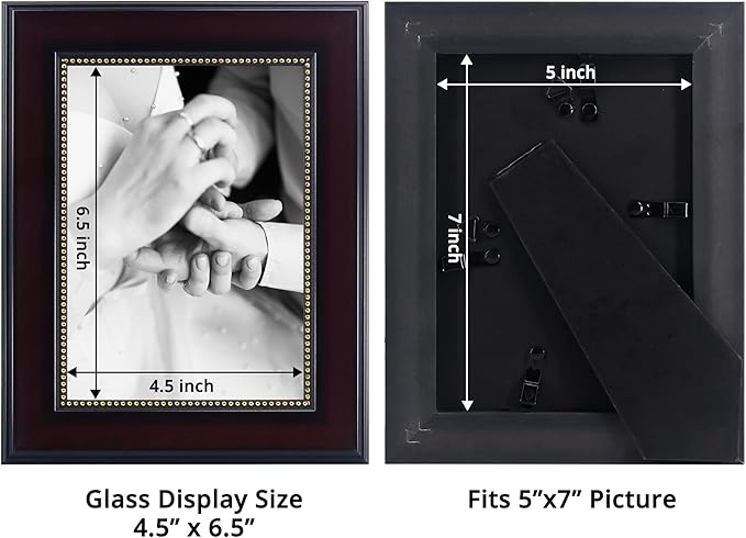 GraduationMall 5x7 Picture Frames, Real Glass, Display Photos for Wall or Tabletop, Mahogany with Gold Beads, 2-Pack