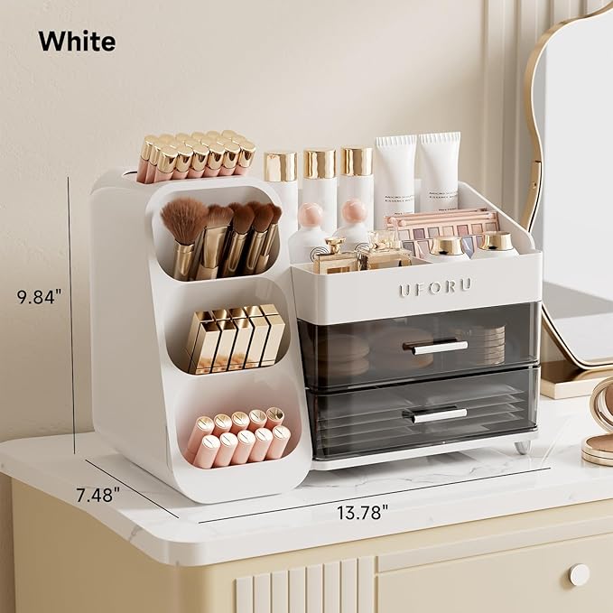 Makeup Organizer for Vanity with Brush Holder, Countertop Organizer with 2 Drawers, Spacious Cosmetic Display Case for Beauty Essential, Skincare, Lipstick