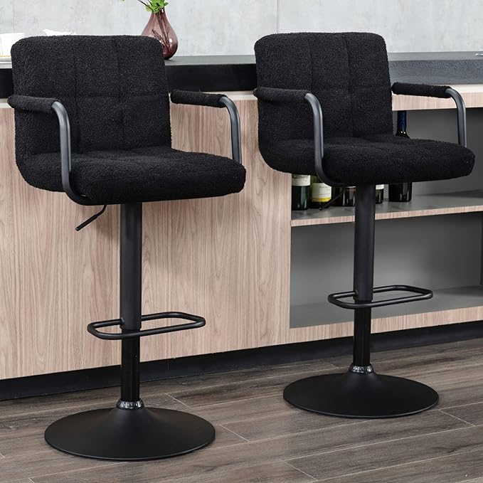 Furnimart 30" Artificial Sherpa Upholstered Bar Stool, Adjustable Counter Stools Bar Chairs Modern Design Swivel Barstools Hydraulic Stools for Kitchen and Dining Room Set of 2 (FauxFur-Black)