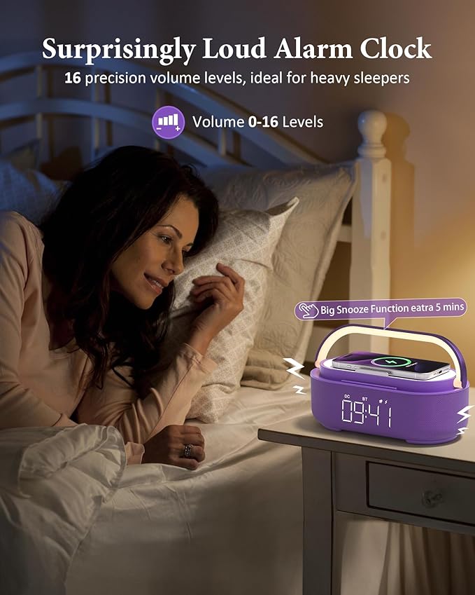COLSUR Bluetooth Speaker Alarm Clock with Wireless Charger, FM Radio, Adjustable LED Night Light, 6 in 1 Bedroom Portable Speaker 2500mAh, Phone Stand for Bedside, Home, Office, Gift (Purple)