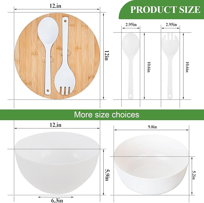 GEHE 12" Salad Bowls, Bamboo Fiber Salad Bowl with Lid, 7.7Qt Extra Large Mixing Bowls with Servers for Kitchen, Salad Serving Bowl Set with Utensils for Salad, Pasta, Fruits, Vegetables and Dessert