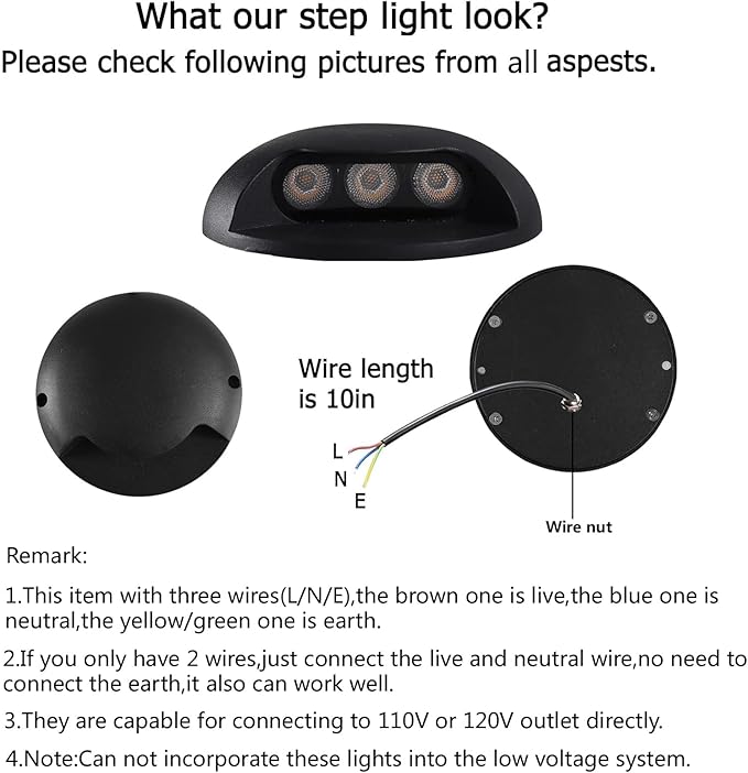 Outdoor Step Lights,High Voltage 120V 110V,3W LED Deck Light Wire,Warm White 3000K,Aluminum Housing,Surface Mount Wall Lights,Indoor Stair Lighting for Landscape,Fence,Well,Pathway,Pack of 4