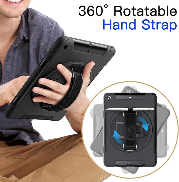 JETech Rugged Case for iPad 6th/5th Gen 9.7 (2018/2017) Black | Built-in Screen Protector 360° Rotating Hand Strap Stand Heavy Duty Shockproof Protection