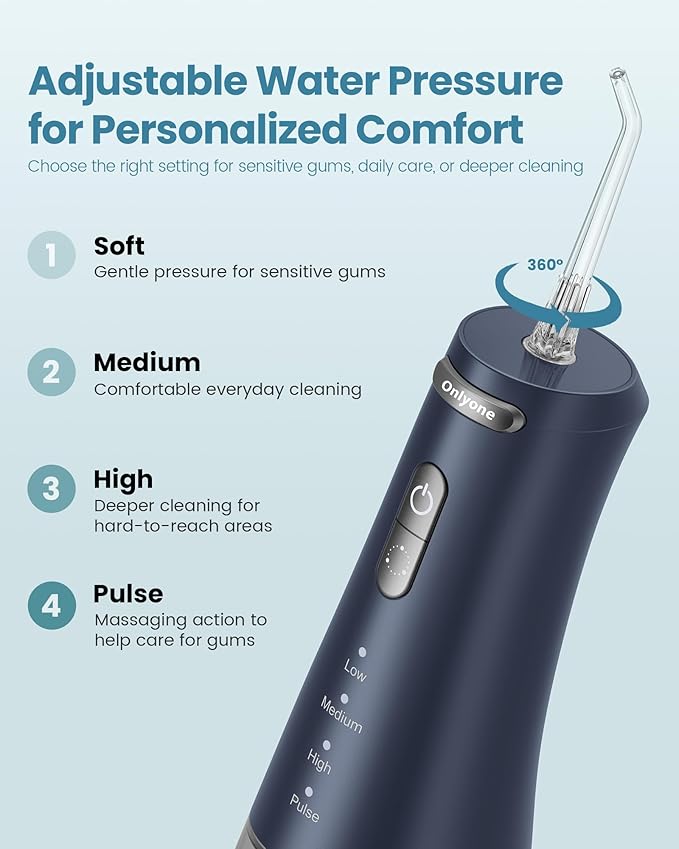 Onlyone Rechargeable Cordless Water Flosser with Adjustable Water Pressure for Daily Oral Care, Power Dental Flosser for Home and Travel Use, Portable Oral Irrigator for Sensitive Gums and Braces Care
