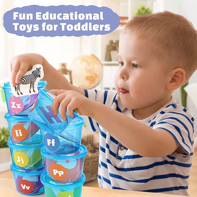 Joyreal Alphabet Learning Toys for Toddlers - 26 Alphabet Soup Sorters with 245 Flash Cards for Early Letter Awareness & Recognition - Fun Education Classroom Supplies Alphabet Sounds Teaching Games