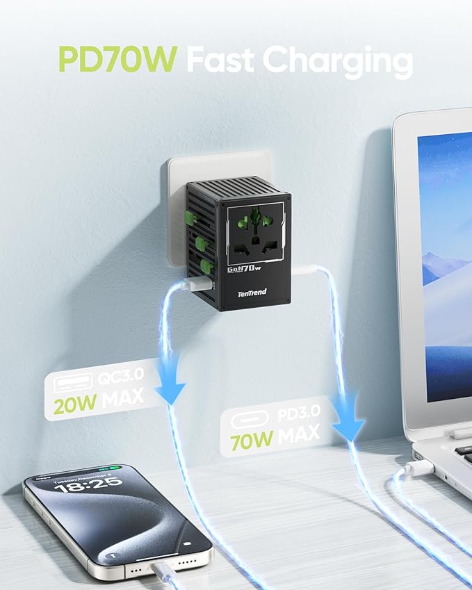 70W Universal Travel Adapter with 4 USB-C & 1 USB-A Ports, International Power Adapter, European Travel Plug Adapter, Worldwide Travel Essentials for EU UK AUS USA
