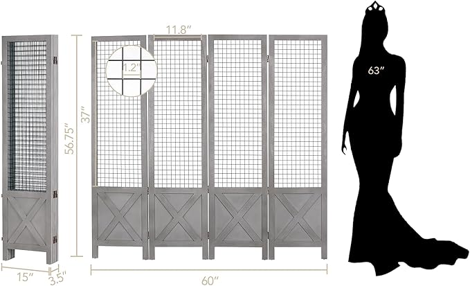 Wnutrees 4 Panel Gridwall Display, Portable Freestanding Display Board for Craft/Art Shows, Retail, Events, Decorative Wood Room Divider Folding Screens, Grey