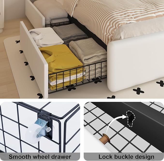 Full Bed Frame with 4 Storage Drawers and Adjustable Headboard, Upholstered Platform Bed with LED Lights and USB Ports, Solid Wooden Slats Support, Faux Leather, Easy Assembly, Beige
