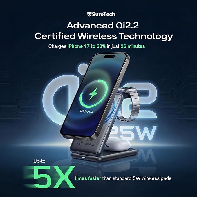 Qi2.2 Certified 3-in-1 Foldable Wireless Charging Station for Apple Devices with 65W Adapter 25W Fast Charging Dock Portable Magnetic Charger for iPhone 17-13 Apple Watch Series &amp AirPods