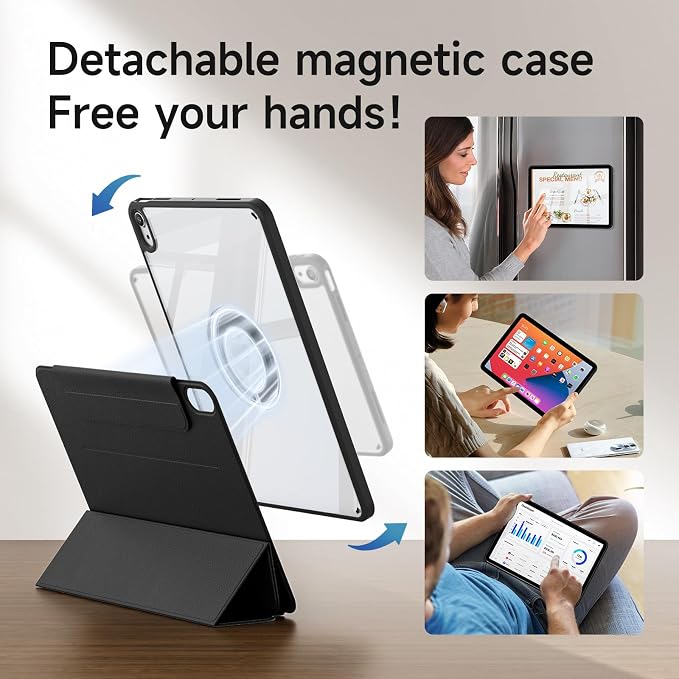 kenke Hybrid Case for iPad A16 11th Gen 11''/10th Gen 10.9'' Black | Detachable Magnetic Portrait/Landscape Stand Cover Magnetic Rotating Hard Clear PC Back Auto Wake/Sleep Support Touch ID