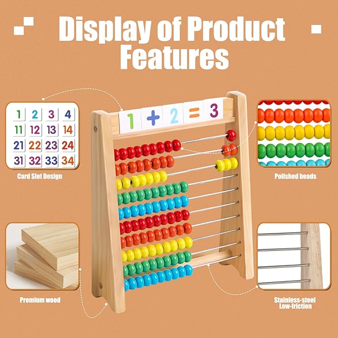 Wooden Abacus for Kids Math - 10-Row Counting Toy with 100 Beads, Number Cards & Counting Sticks, Educational Counters for Kids Math Gift for Age 3 4 5 6 7 Year Old Boy Girl