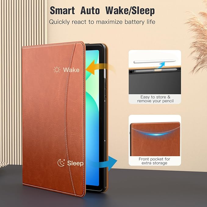 MoKo Case for Samsug Galaxy Tab S10 Lite/ S10 FE/ S9 FE/ S9 10.9/11 Inch | Built-in S Pen Holder Case for Samsung Tablet (2025/2023) PU Leather Hand Strap &amp Front Pocket Blue &amp Brown