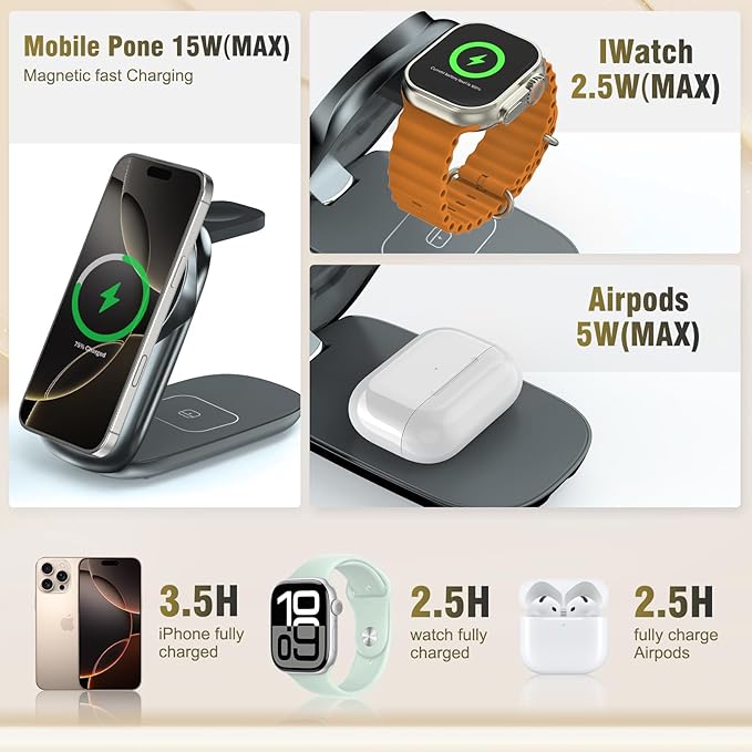 3 in 1 Folding Charging Station for iPhone 16e/16/15/14/13/12 Compatible with Apple Watch 10/9/8/7/6/5/4/3 Ultra,Wireless Charging Station for Airpods/4/3 pro